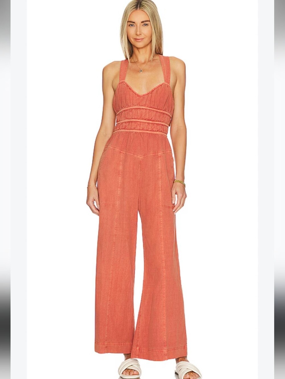 NWT Fate Ruched Wide Leg Burned Orange Jumpsuit M